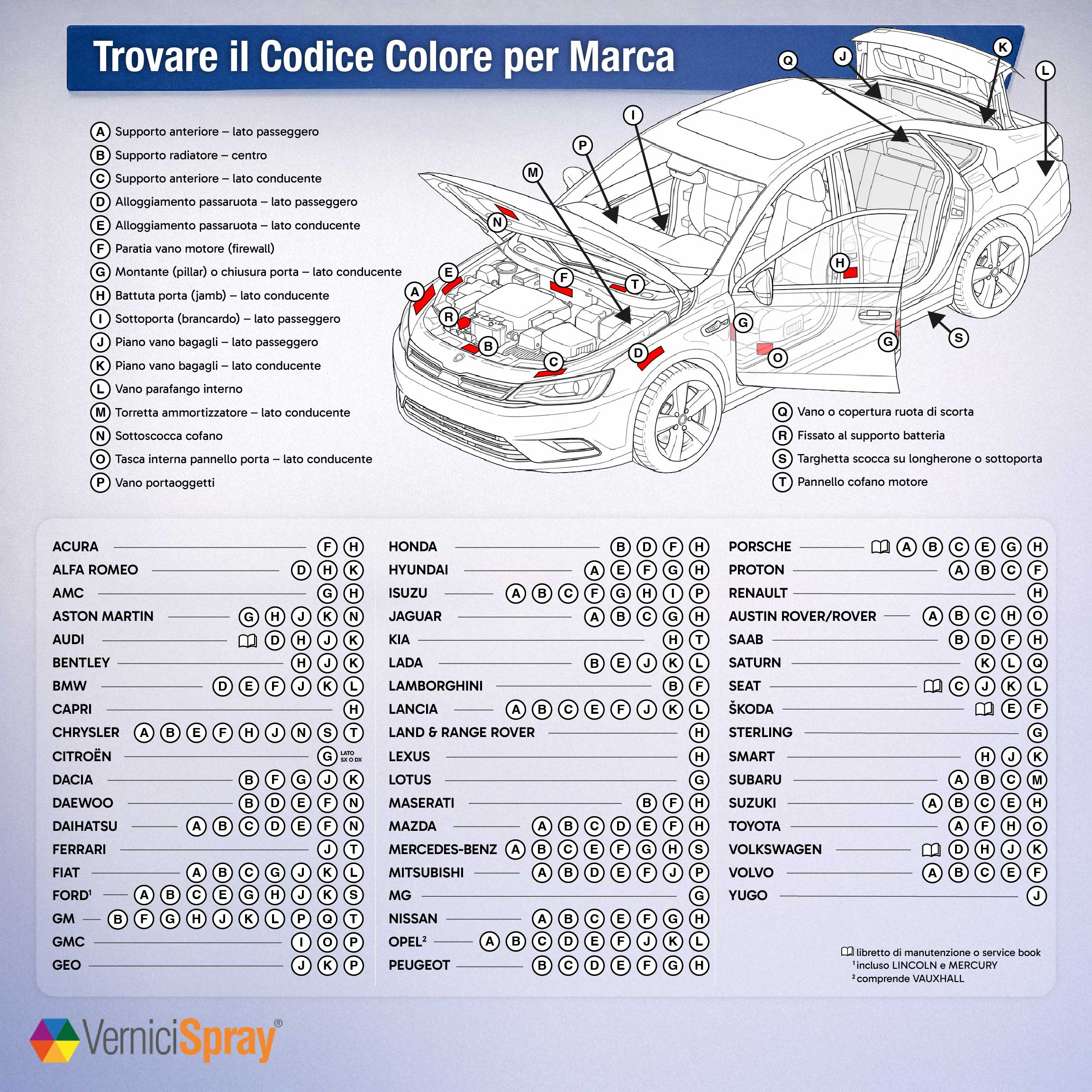 Infographic: where to find the paint code label by car brand, diagram with main brands